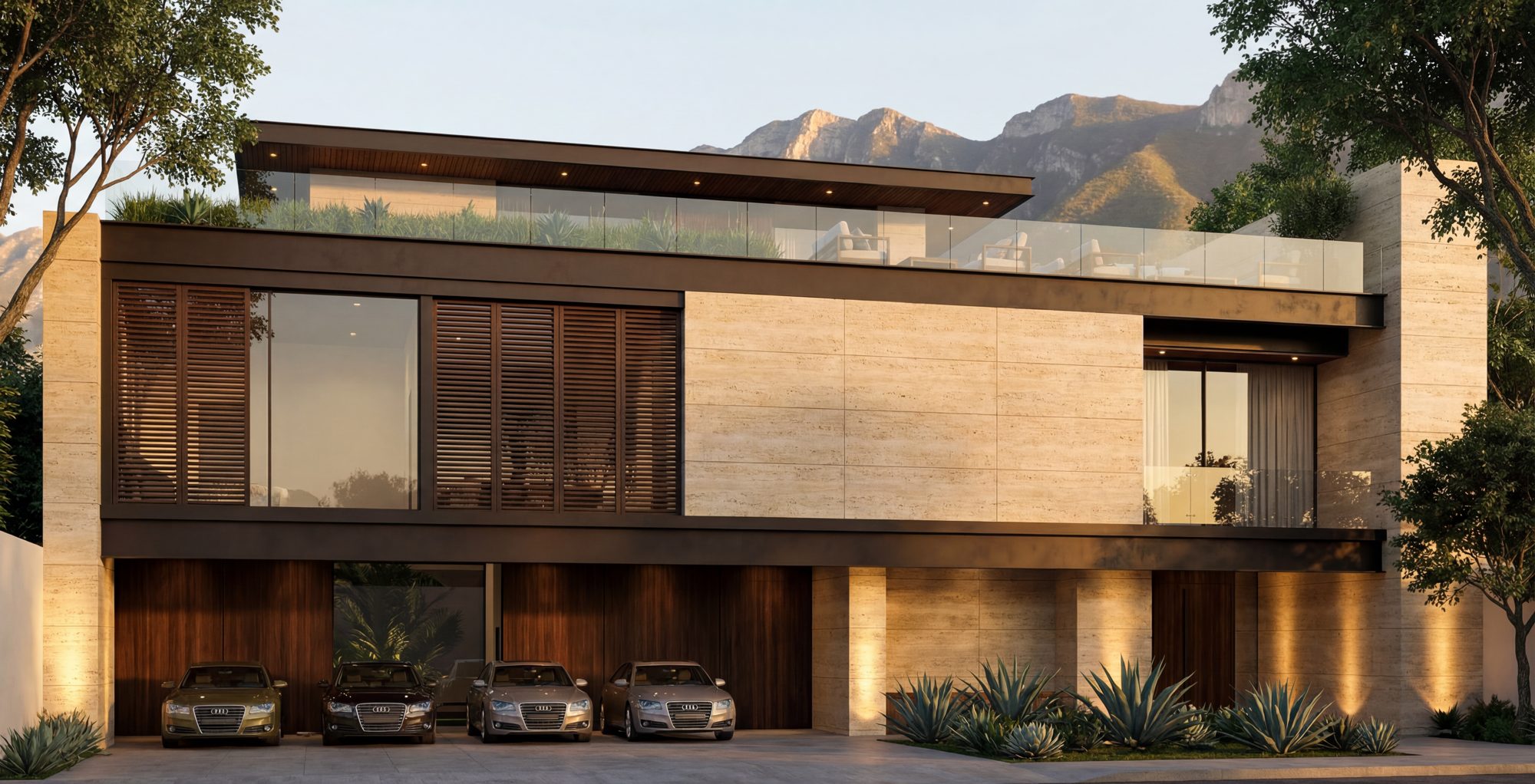 Fachada de residencia con celosías de madera y muro de piedra